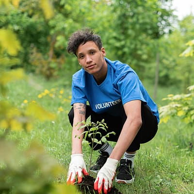 A dedicated volunteer planting a tree sapling in a lush green park environment.