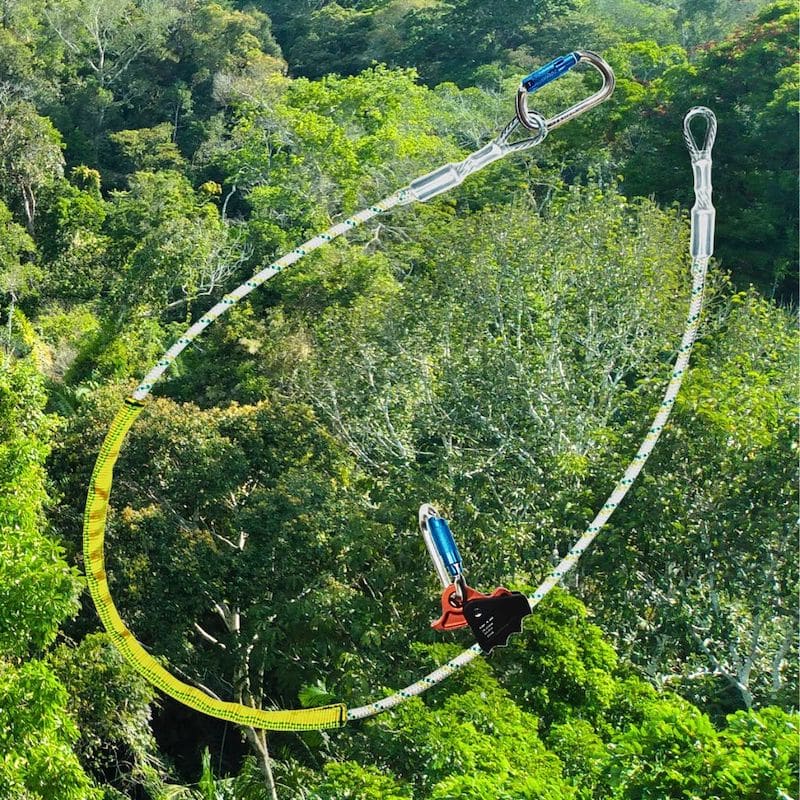 Acollador regulable de cuerda con alma de acero un freno y dos mosquetones Hauk con fondo de bosque tropical